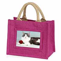 Gorgeous Cat with Red Rose Little Girls Small Pink Jute Shopping Bag