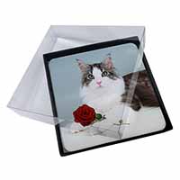 4x Gorgeous Cat with Red Rose Picture Table Coasters Set in Gift Box
