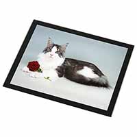 Gorgeous Cat with Red Rose Black Rim High Quality Glass Placemat