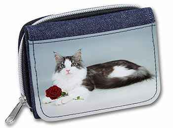 Gorgeous Cat with Red Rose Unisex Denim Purse Wallet