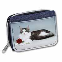 Gorgeous Cat with Red Rose Unisex Denim Purse Wallet