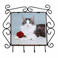 Gorgeous Cat with Red Rose Wrought Iron Key Holder Hooks