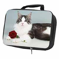 Gorgeous Cat with Red Rose Black Insulated School Lunch Box/Picnic Bag