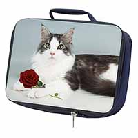 Gorgeous Cat with Red Rose Navy Insulated School Lunch Box/Picnic Bag