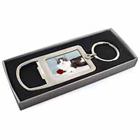 Gorgeous Cat with Red Rose Chrome Metal Bottle Opener Keyring in Box