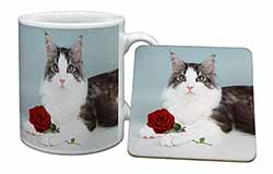 Gorgeous Cat with Red Rose Mug and Coaster Set