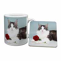 Gorgeous Cat with Red Rose Mug and Coaster Set