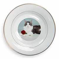 Gorgeous Cat with Red Rose Gold Rim Plate Printed Full Colour in Gift Box