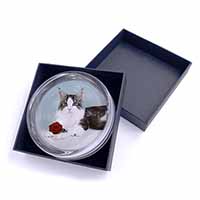 Gorgeous Cat with Red Rose Glass Paperweight in Gift Box
