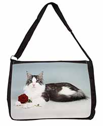 Gorgeous Cat with Red Rose Large Black Laptop Shoulder Bag School/College