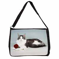 Gorgeous Cat with Red Rose Large Black Laptop Shoulder Bag School/College