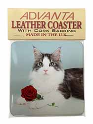Gorgeous Cat with Red Rose Single Leather Photo Coaster