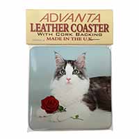 Gorgeous Cat with Red Rose Single Leather Photo Coaster