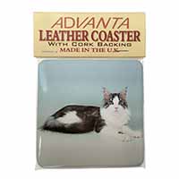 Silver, White Maine Coon Cat Single Leather Photo Coaster