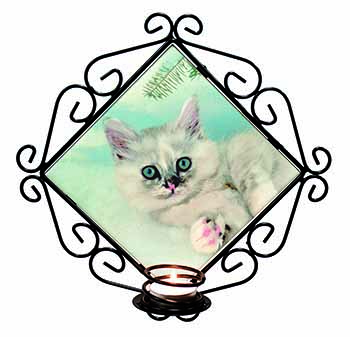 Tiffanie Kitten, Tiffany Cat Wrought Iron Wall Art Candle Holder