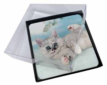 4x Tiffanie Kitten, Tiffany Cat Picture Table Coasters Set in Gift Box