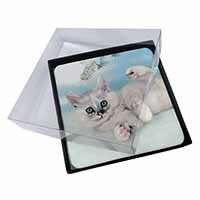 4x Tiffanie Kitten, Tiffany Cat Picture Table Coasters Set in Gift Box