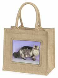 Silver Grey Persian Cat Natural/Beige Jute Large Shopping Bag