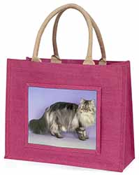 Silver Grey Persian Cat Large Pink Jute Shopping Bag