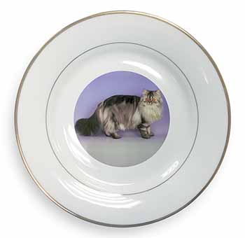 Silver Grey Persian Cat Gold Rim Plate Printed Full Colour in Gift Box