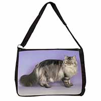 Silver Grey Persian Cat Large Black Laptop Shoulder Bag School/College