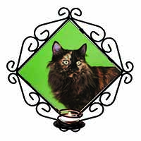 Tortoiseshell Maine Coon Cat Wrought Iron Wall Art Candle Holder