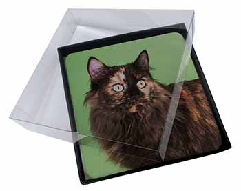 4x Tortoiseshell Maine Coon Cat Picture Table Coasters Set in Gift Box