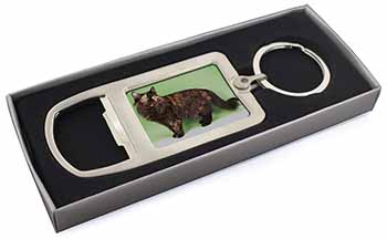 Tortoiseshell Maine Coon Cat Chrome Metal Bottle Opener Keyring in Box