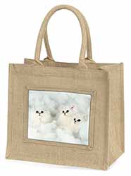 White Chinchilla Kittens Natural/Beige Jute Large Shopping Bag