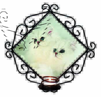 White Chinchilla Kittens Wrought Iron Wall Art Candle Holder