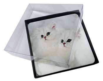 4x White Chinchilla Kittens Picture Table Coasters Set in Gift Box
