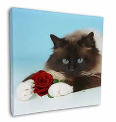 Birman Point Cat with Red Rose Square Canvas 12"x12" Wall Art Picture Print