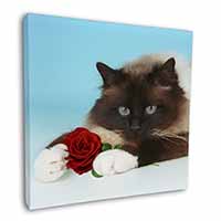 Birman Point Cat with Red Rose Square Canvas 12"x12" Wall Art Picture Print