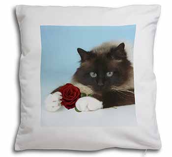 Birman Point Cat with Red Rose Soft White Velvet Feel Scatter Cushion