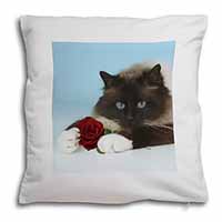 Birman Point Cat with Red Rose Soft White Velvet Feel Scatter Cushion