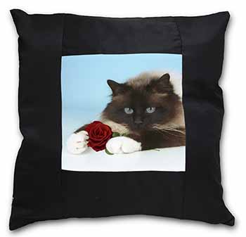 Birman Point Cat with Red Rose Black Satin Feel Scatter Cushion