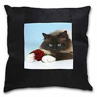Birman Point Cat with Red Rose Black Satin Feel Scatter Cushion