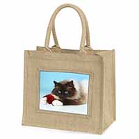 Birman Point Cat with Red Rose Natural/Beige Jute Large Shopping Bag