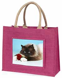 Birman Point Cat with Red Rose Large Pink Jute Shopping Bag