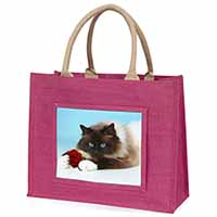 Birman Point Cat with Red Rose Large Pink Jute Shopping Bag