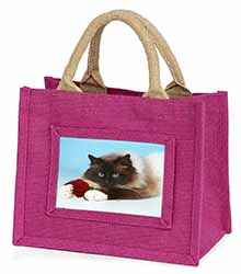 Birman Point Cat with Red Rose Little Girls Small Pink Jute Shopping Bag