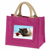 Birman Point Cat with Red Rose Little Girls Small Pink Jute Shopping Bag