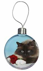 Birman Point Cat with Red Rose Christmas Bauble
