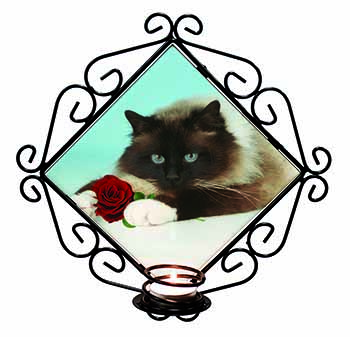 Birman Point Cat with Red Rose Wrought Iron Wall Art Candle Holder