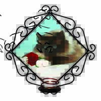 Birman Point Cat with Red Rose Wrought Iron Wall Art Candle Holder