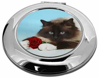 Birman Point Cat with Red Rose Make-Up Round Compact Mirror