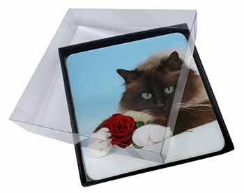 4x Birman Point Cat with Red Rose Picture Table Coasters Set in Gift Box