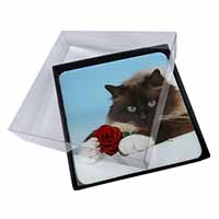 4x Birman Point Cat with Red Rose Picture Table Coasters Set in Gift Box