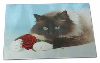 Large Glass Cutting Chopping Board Birman Point Cat with Red Rose