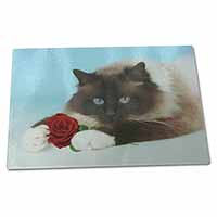 Large Glass Cutting Chopping Board Birman Point Cat with Red Rose